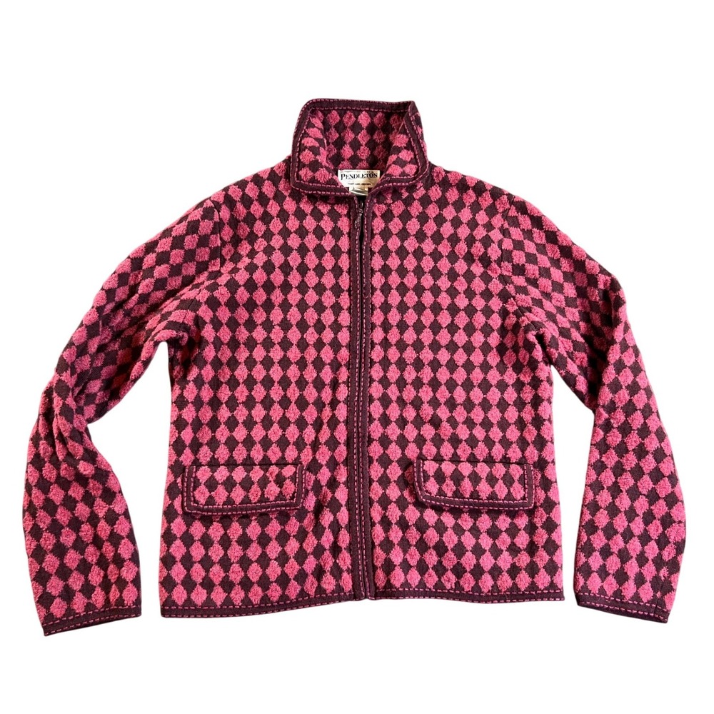 Pendleton Cardigan Women Small Pink Burgundy Harlequin Diamond Full Zip Wool